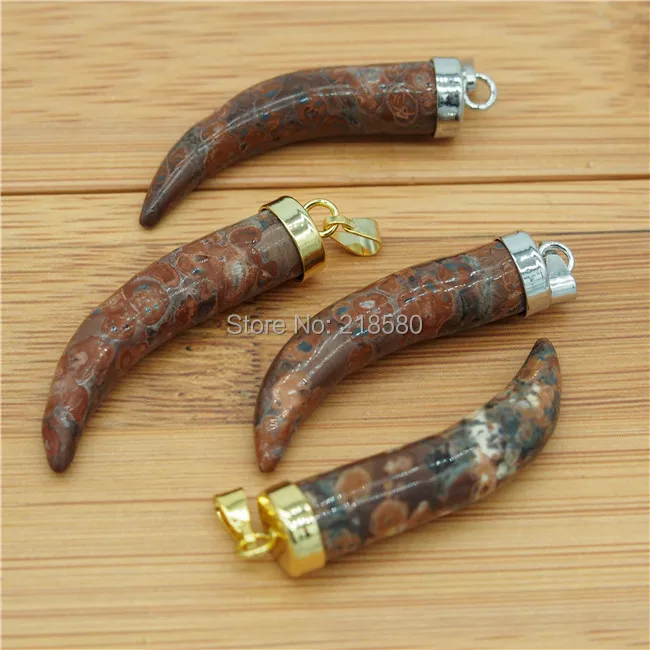 

P15052123 Brown Red Jaspers Horn Tusk Pendant with Gold Or Silver Cap