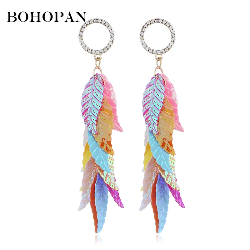 

2018 New Design Shiny Sequin Earrings Feather Shape Acrylic Long Tassel Crystal Drop Earrings Summer Jewelry Girl Bijoux