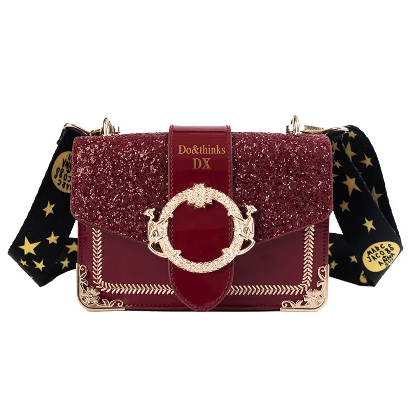 

New Korean version of single shoulder diagonal small square bag sequins PU wide shoulder strap fashion Bouncer bags