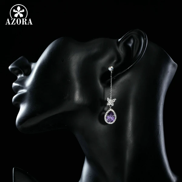 AZORA Butterfly with Princess Purple Water Drop AAA+ Cubic Zirconia Drop Line Long Earrings For Girls TE0188