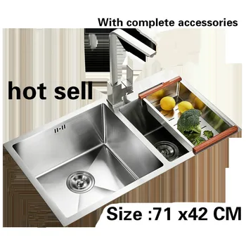 Best Free Shipping Kitchen Sink Manual Double Groove 3 MM Thick Food Grade 304 Stainless Steel Ordinary Durable 71x42 CM