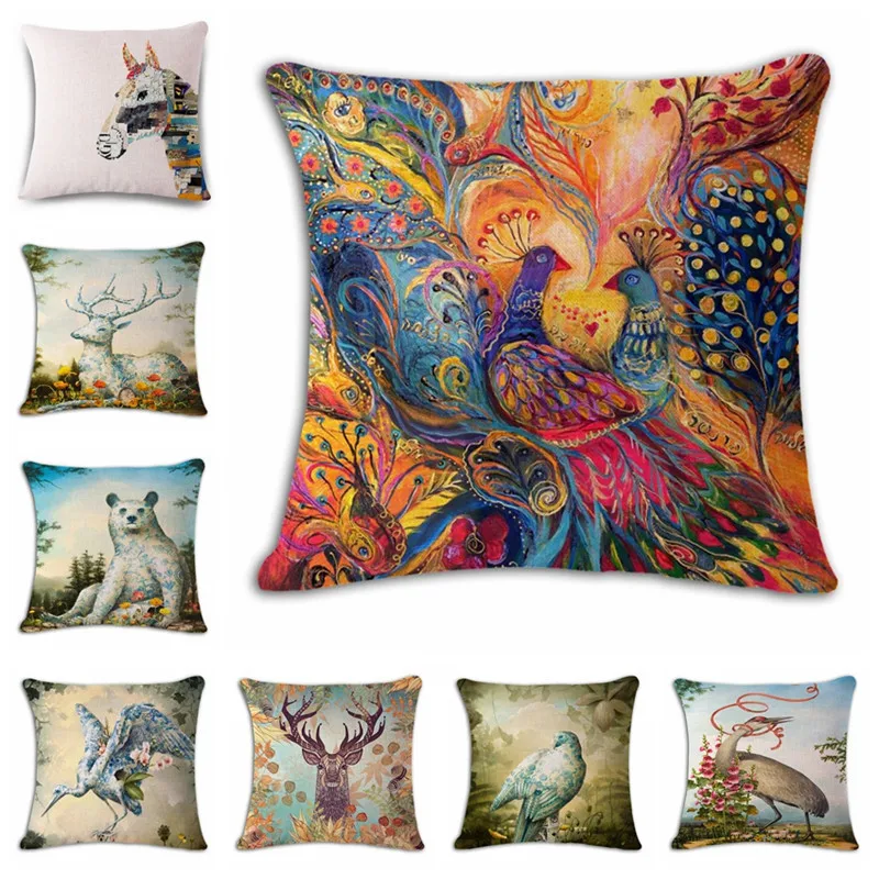 

Bear Peacock Cushion Cover Woven Linen Family Affection Sofa Car Seat Family Home Decorative Throw Pillow Case Housse De Coussin