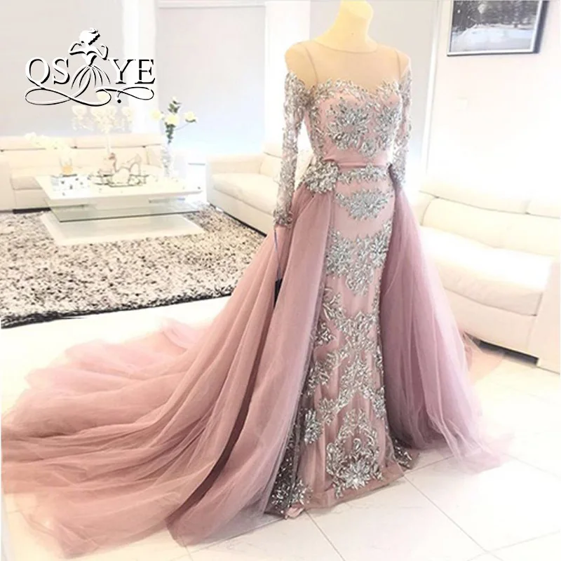 Vestido de festa Roze Vintage Avondjurken 2017 Real Foto Zilver Lace Kralen Afneembare Tule Rok Lange Prom Dress