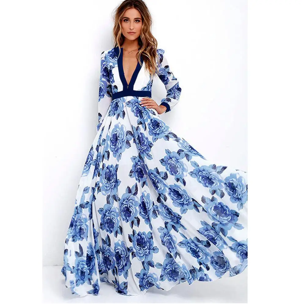 

Moda mujer 2019 Bohemian style Lady Autumn Loose Dress Elegant Women's Long-sleeved Flower Printed Party Dresses vestidos verano
