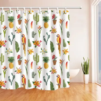 

Tropical Pineapple Decor, Parrot Bird in Cactus Flowers, Mildew Resistant Polyester Fabric Shower Curtains for Bathroom