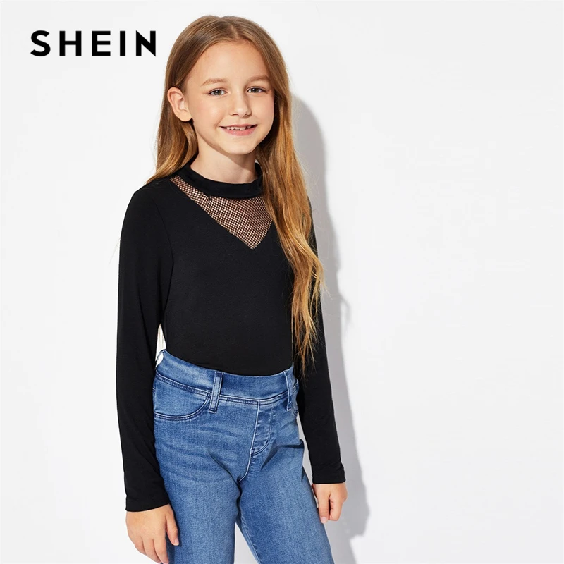 

SHEIN Kiddie Black Mesh Insert Solid Long Sleeve Elegant Kids T-Shirt Girls Tops 2019 Spring Casual Kids Girls Shirts Tee