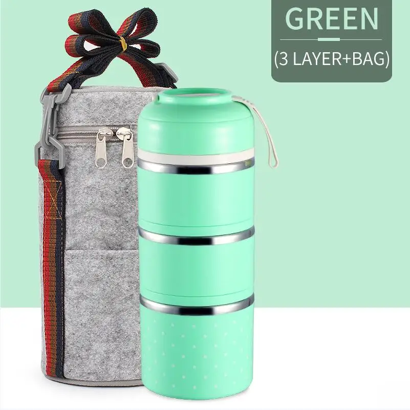 Green 3 With Bag WORTHBUY милый японский термальный Ланч-бокс герметичный из нержавеющей стали Bento box детский портативный контейнер для еды для пикника и школы - Цвет: Green 3 With Bag
