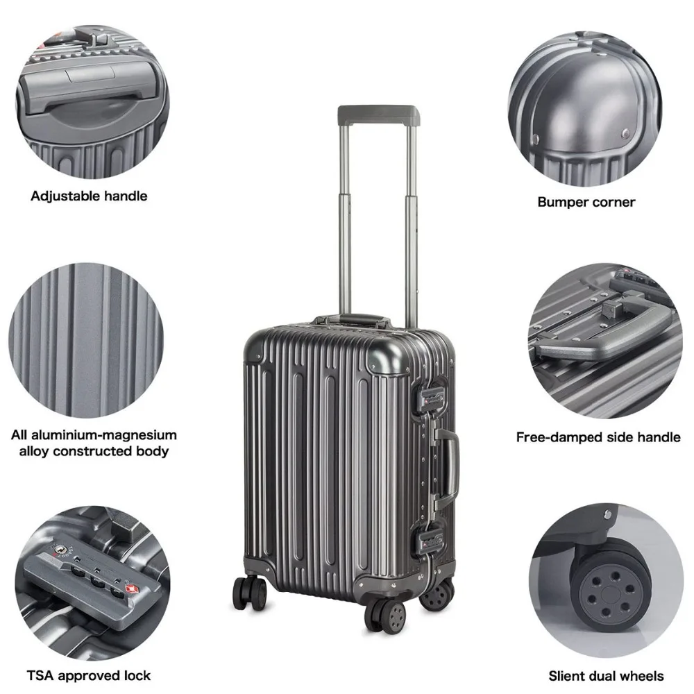 Premium Aluminium Hard Shell Spinner Luggage Carry On Suitcase, Multi-size (20-28), Grey, 20 Travel Case image 3