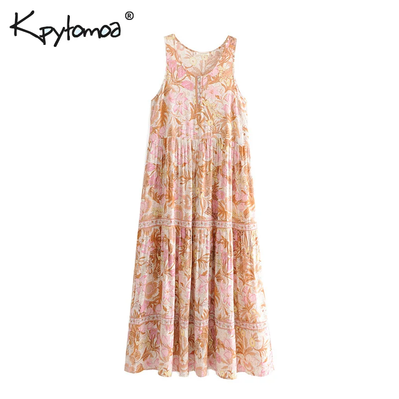 

Boho Chic Vintage Floral Print Pleated Long Dress Women 2019 Fashion O Neck Sleeveless Summer Beach Dresses Vestidos Mujer