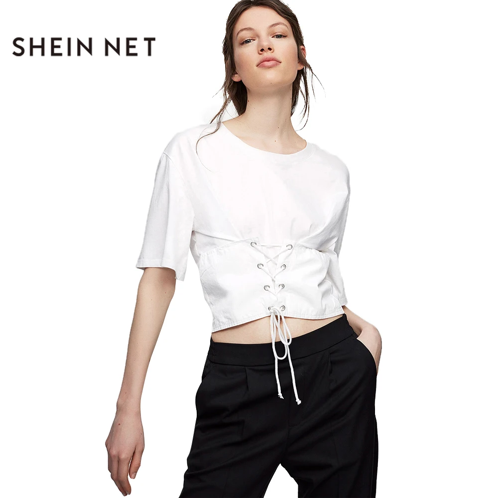 Sheinnet 2017 Solid White Brief Women T-Shirt Lace Up Preppy Chic Crop Tops O-Neck Casual Loose Female Summer Top Tees | Женская одежда