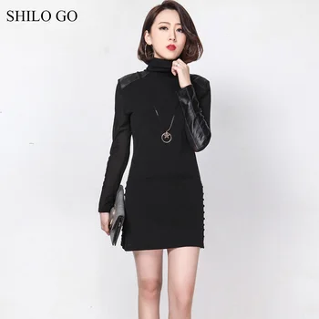 

SHILO GO Leather Dress Womens Spring Fashion sheepskin genuine leather Dress turtleneck long sleeve concise spliced slim dress