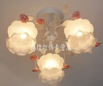 

European-style garden living room Romantic Restaurants white wrought iron pink ceramic flowers glass lampshade Ceiling Lamp c133