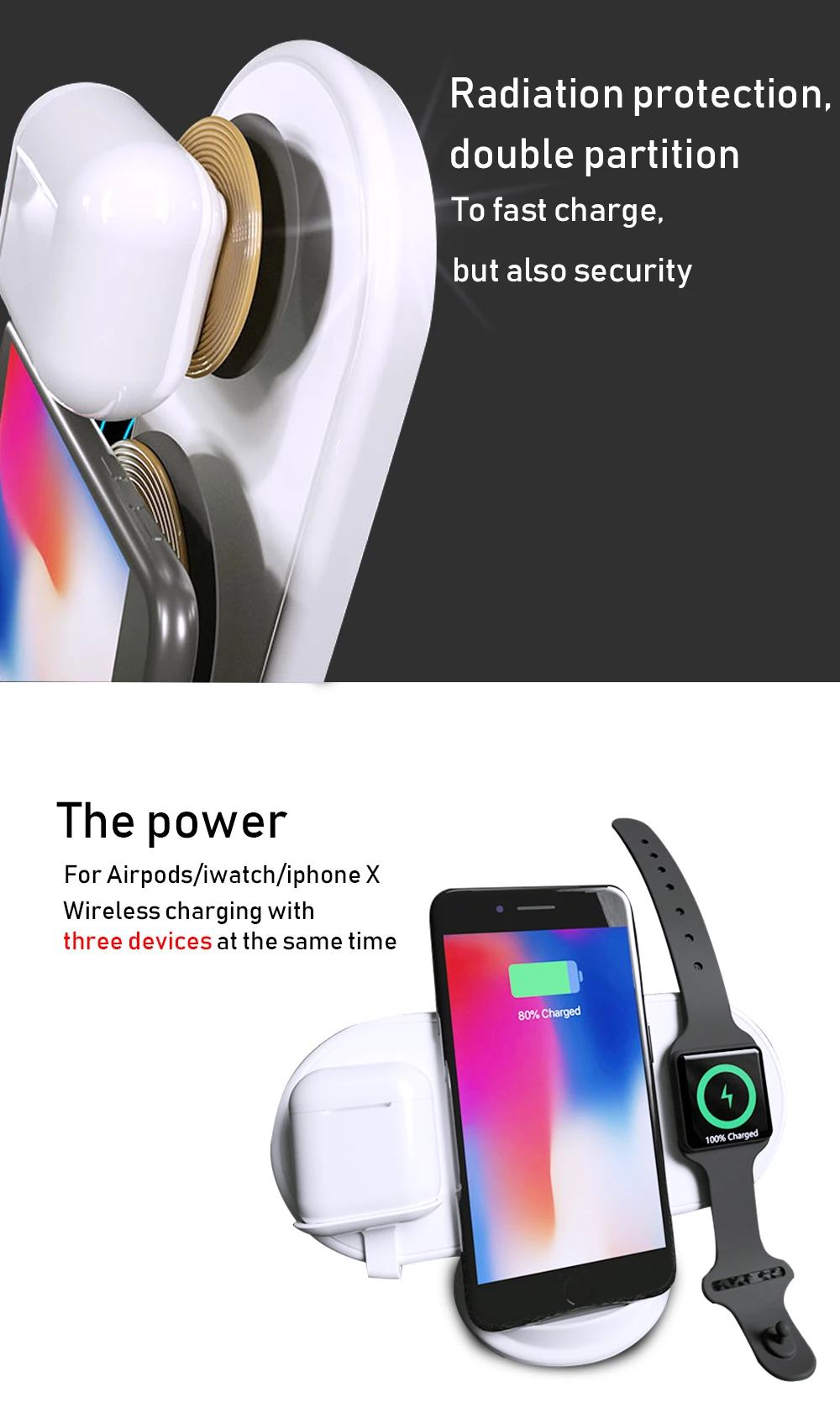 Portefeuille 3 in 1 10W 7.5W 5W 2.5W QI Wireless Fast Charger For iPhone X 8 Plus Samsung Apple Watch Charger Holder For Airpods (4)