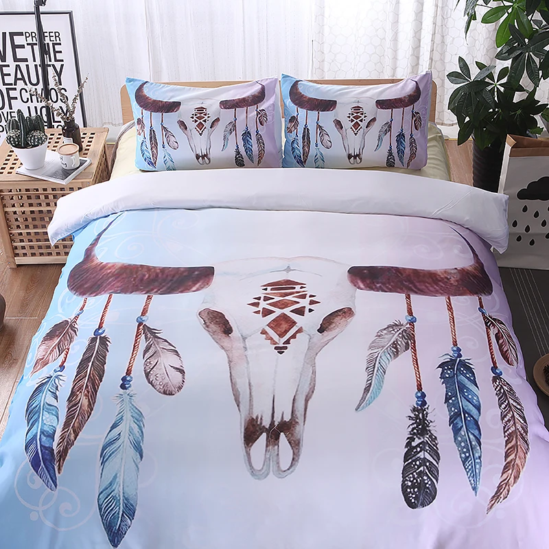 3D Dreamcatcher Feathers Print Bedding Set Bohemian Gold Moon Star Duvet Cover Set Bull Head Horn Bedclothes with Pillowcase