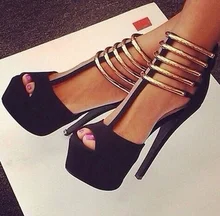 

Customized Gold Metal Strap Women Shoes High Heels Peep Toe High Platform Hollow T-bar Zipper Cage Shoes Women Plus Size 13