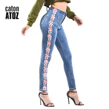 CatonATOZ 2199 женская плюс размеры высокая талия джинсовые узкие брюки вышивка цветок стрейч джинсы для женщин женские Джинс