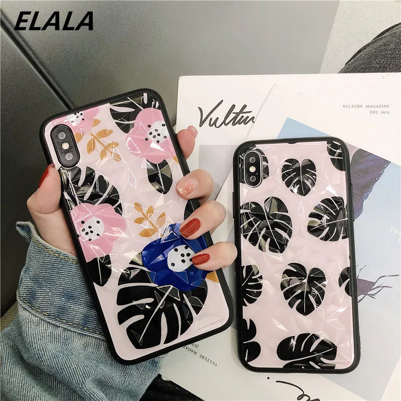

ELALA Summer Flower Leaf Print Candy Case For iPhone 6s 7 8 Plus X XR XS Max Case Fashion Cute Cartoon 3D Diamond Silicone Cover