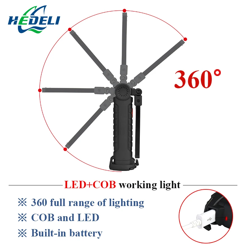 

LED+COB flashlight magnet USB charging work check lamp red and white light 360 degree rotation 5 mode with hook built-in battery
