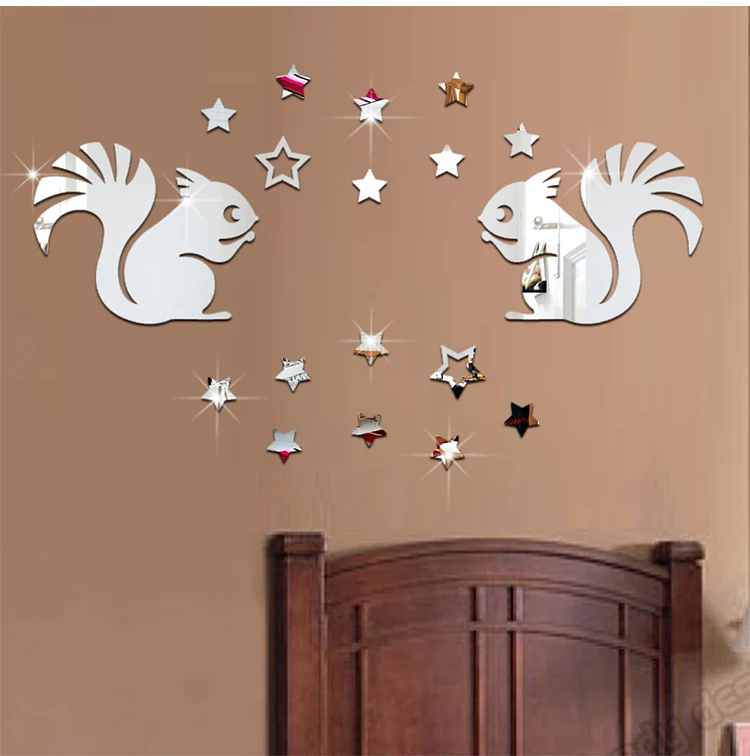 

3D наклейки на стену с изображением двух белков, Мультяшные зеркальные наклейки для гостиной, спальни, дивана, телевизора, акриловые наклейки на стену