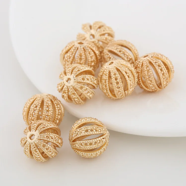 

6PCS 12MM 24K Champagne Gold Color Plated Brass Round Hollow Spacer Beads Bracelet Beads High Quality Jewelry Accessories