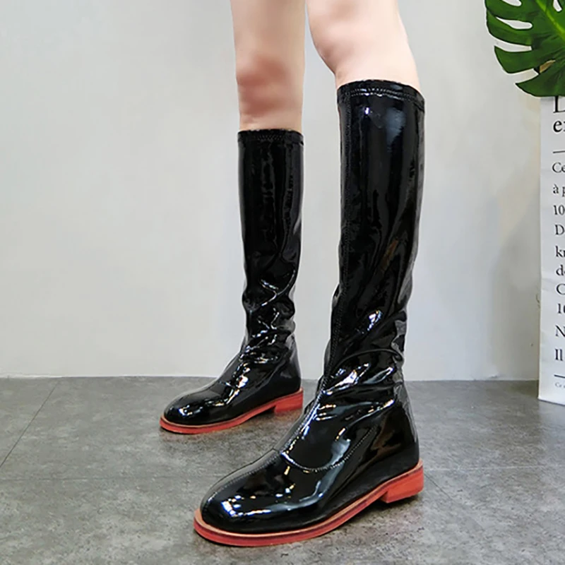 

Long Boots Flats Sexy Women Shoes Fashion Black Red Knee High Boots Patent Leather Punk Boots Patchwork Winter Martin Boots