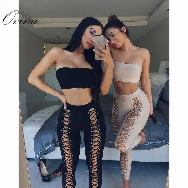 

Black Khaki Solid Strapless Sleeveless Short Tops Full Length Pants 2 Pieces Lace Up Bandage Women Sets