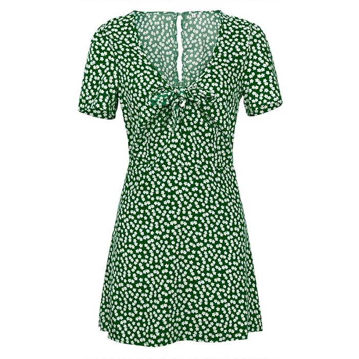 Sexy Summer Polka Dot Boho Dress Women V-Neck Short Sleeve Mini Dress Front Bow Beach Dress Robe