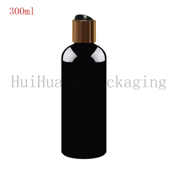 

Wholesale 30pcs 300ml black Container Sample bottle,shampoo Storage with gold disc cap empty Black Packaging plastic bottles