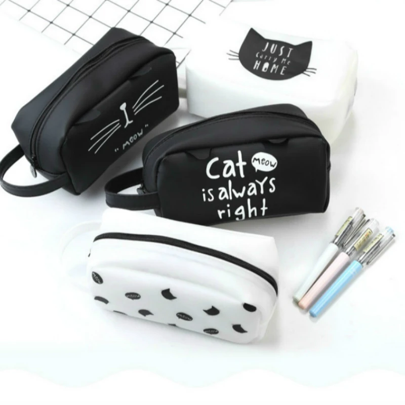 

Cute creative jelly silicone pencil bag black & white simple zipper large capacity pencil case fashion cosmetic bag stationery