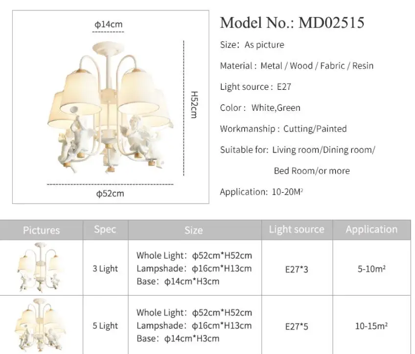Ангелы светодиодный потолочная люстра с Ткань абажур настольной лампы для Гостиная белый металлические люстры зеленый E27 блестящая деревянная подвесные MING
