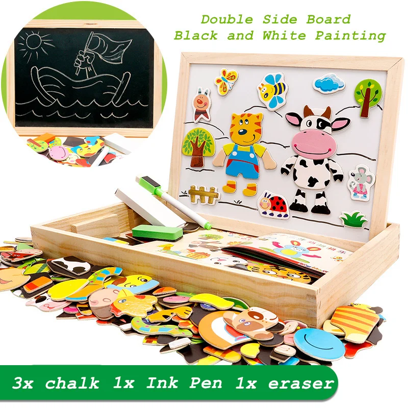 

100+Pcs Wooden Magnetic Puzzle Toys Children 3D Puzzle Figure Animals Vehicle Circus Drawing Board 5 Styles Learning Wood Toys