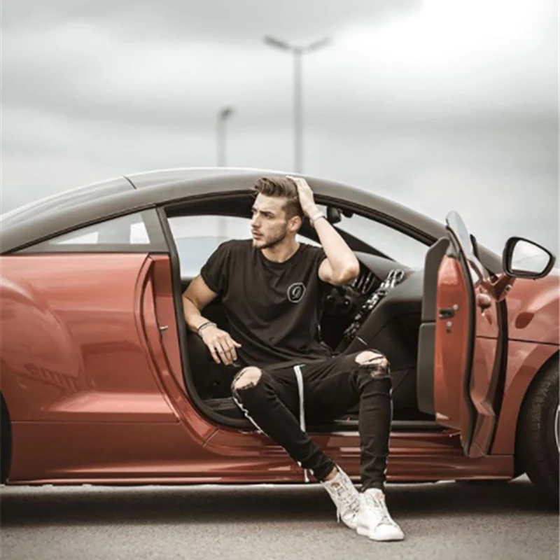 

Skinny Jeans Men Hip Hop Stripe Elastic Slim Denim Pants Male Stretchy Pencil Denim Trousers Knee Ripped Holes Jean