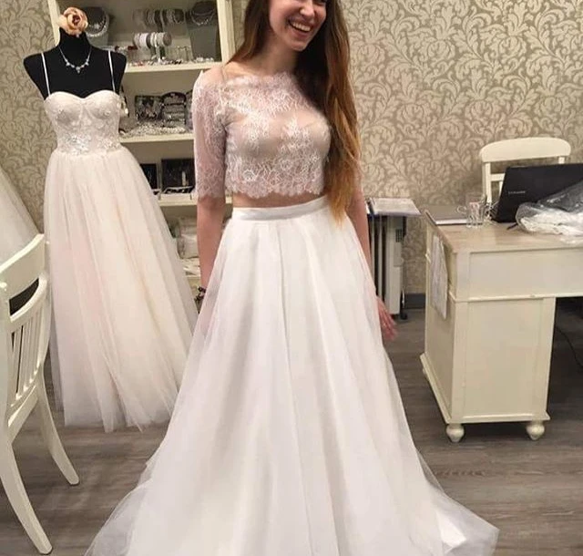 

New Fashion 2 Pieces Prom Dresses 2018 Half Sleeves vestido de festa longo Floor Length Lace Party Dresses Gowns