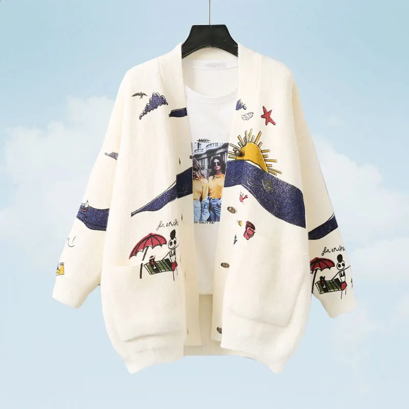 

Spring Fall Knit Cardigan Women Medium Long Loose Fresh Cartoon Printing Jacket Korean Single-breasted Keep Warm Female Coat S51