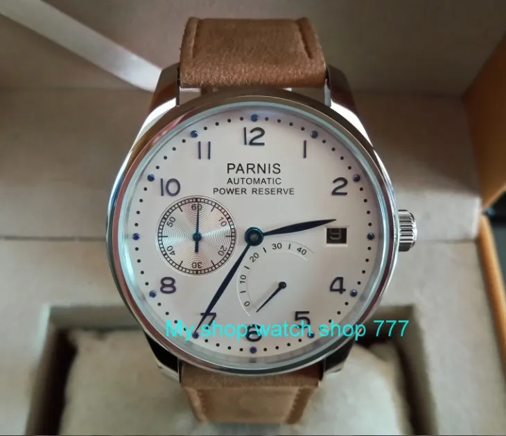 

43mm PARNIS White dial power reserve Automatic Self-Wind Mechanical movement men's watch Cow leather watch strap zdgd01