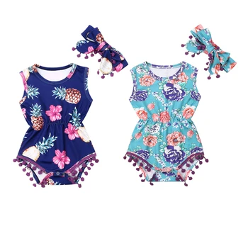 

0-24M Newborn Baby Boy Girl Sleeveless Tassel Ball Floral Bodysuit Jumpsuit Headband 2PCS Summer Clothes