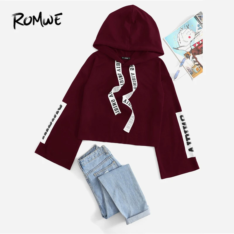 

ROMWE Letter Print Drawstring Hoodie Sweatshirt 2019 Burgundy Long Sleeve Sweatshirt Stylish Women Spring Autumn Pullover
