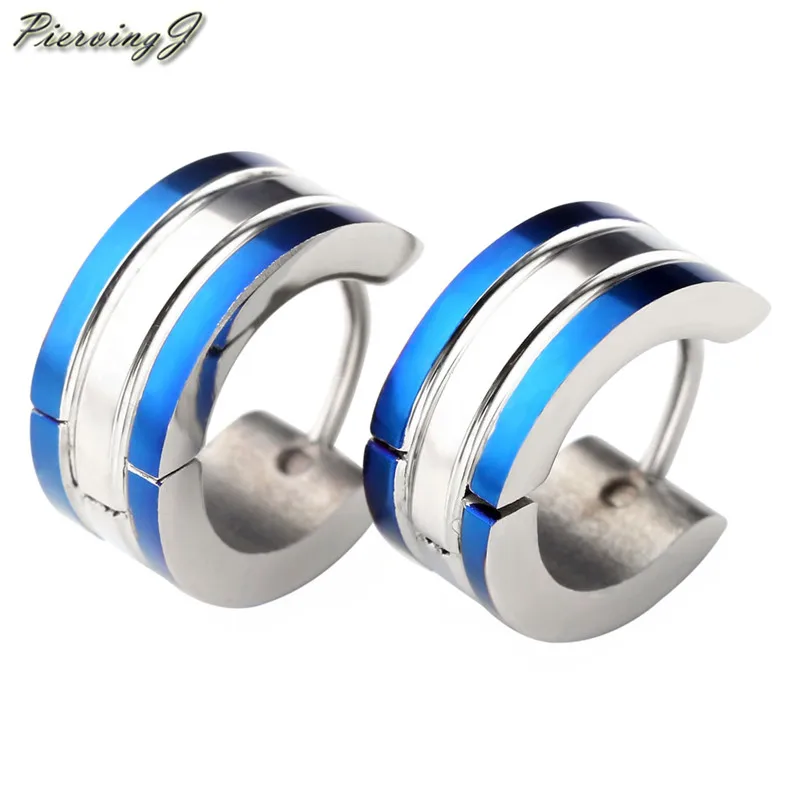 PiercingJ New Mens Stainless Steel Engraved Cross Classic Stud 6mm Huggie Hoop Hinged Earrings Jewelry Blue &amp White 1 Pair | Украшения и