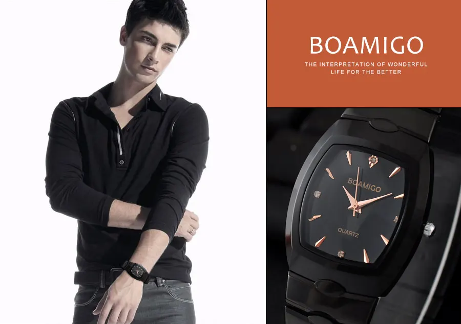 BOAMIGO Brand Men Quartz Watches Steel Business Watch Black Gold Analog Wristwatches Mens Bracelet Clasp Shock Resistant Clock (5)