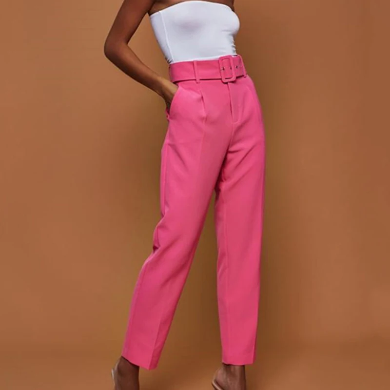 

Hot Women Casual Pants High Waist Belted Straight Leg Slacks for Office Lady MSK66
