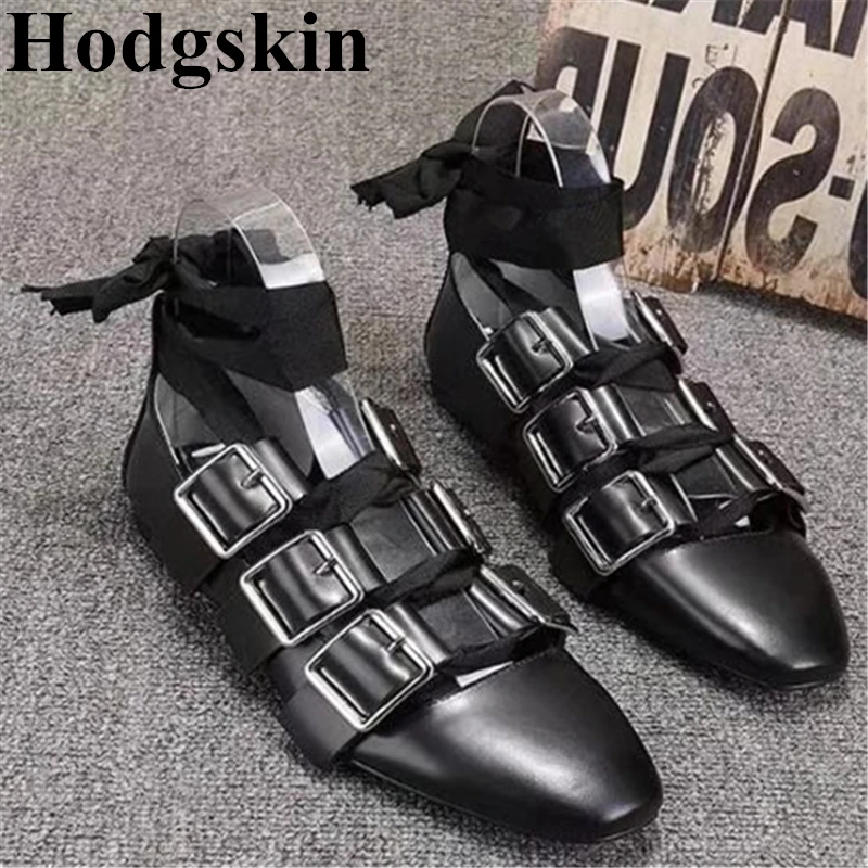 

New Fashion Metal Buckle Cross-Tied Strap Women Shoes Flat Ballet Black Hollow Single Shoes Rome Soft Leather Sandals Female