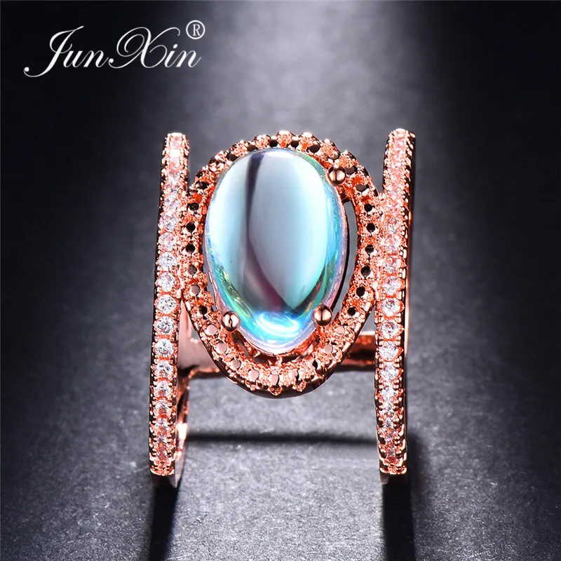 JUNXIN Бохо Rainbow опал кольца для Для женщин Для мужчин серебро/14KT Rose Gold Filled Овальный Лунный камень кольцо женские свадебные стекируемые миди кольцо