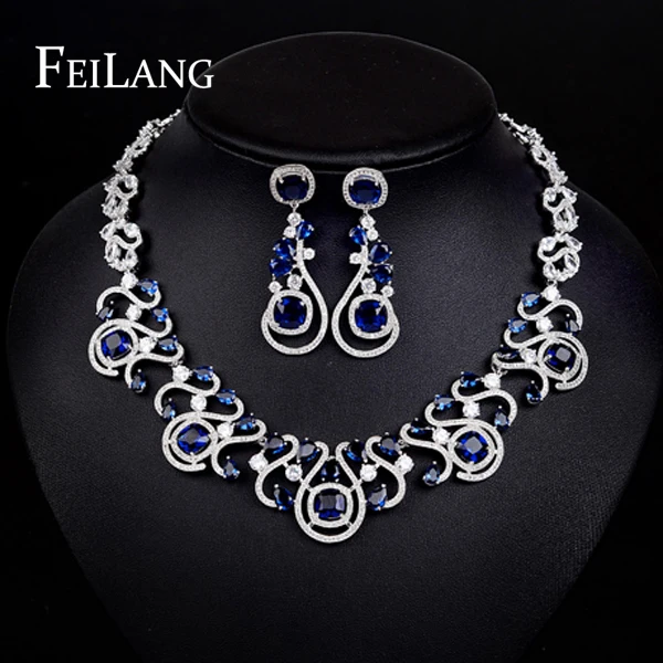 Feilang Luxury Design Navy Cubic Zircon Diamond Necklace And White Feilang Luxury Design Navy Cubic Zircon Diamond Necklace And White Gold Plated Earrings Wedding Jewelry Sets