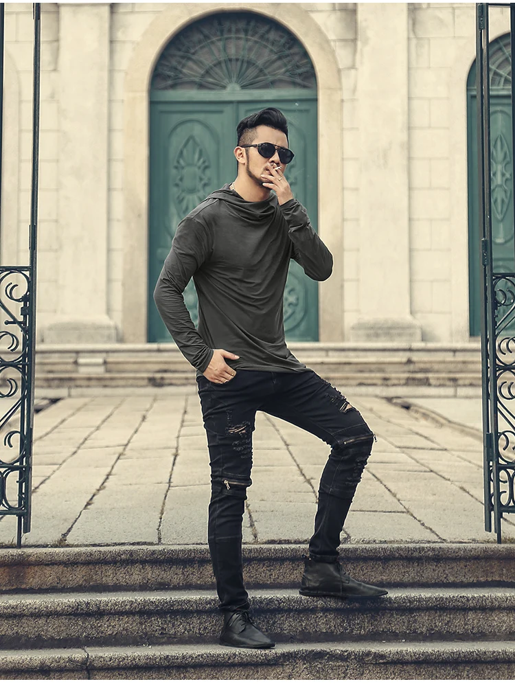Men Autumn New European Style High Collar Long Sleeve Hooded T-shirt with Cap Men Slim Casual Cotton Irregular T-shirt T908 HTB1oab5XzvuK1Rjy0Faq6x2aVXa3 - Men Autumn New European Style High Collar Long Sleeve Hooded T-shirt with Cap Men Slim Casual Cotton Irregular T-shirt T908