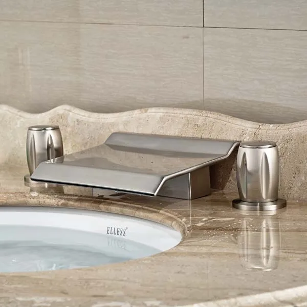 

NEW Luxury Brushed Nickel Waterfall Bathroom Basin Faucet Two Handles Mixer Tap