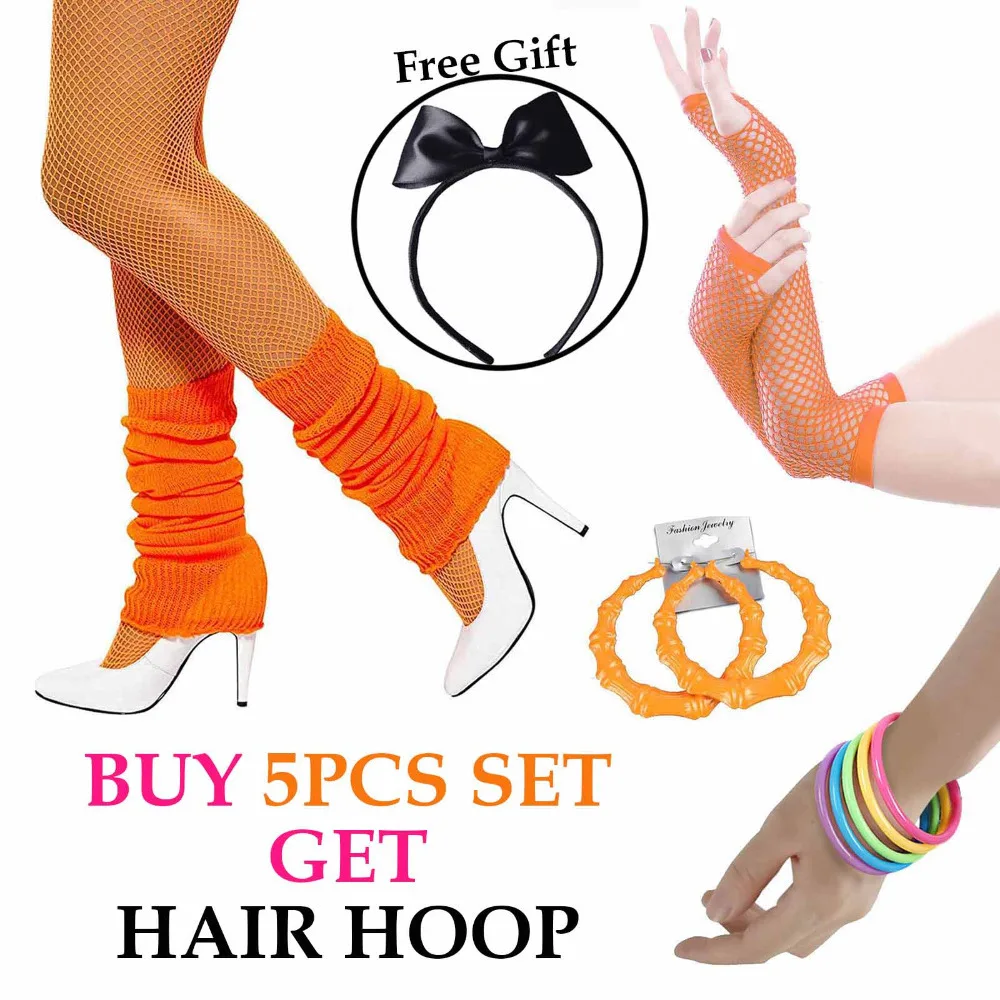 

Womens 80s Costume Accessories Fancy Outfit for 1980s Theme Party Rock N Roll Costume Earrings Pantyhouse Leg Warmers Gloves