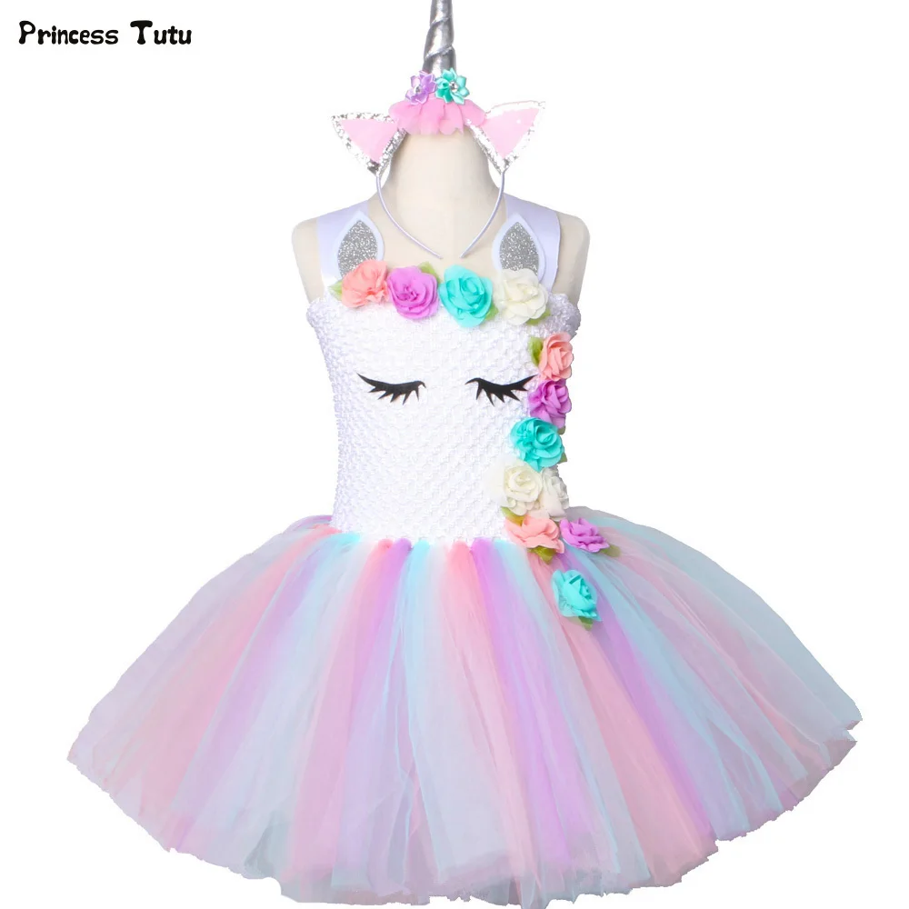 Flower Girls Unicorn Tutu Dress Pastel Rainbow Princess Girls Birthday Party Dress...