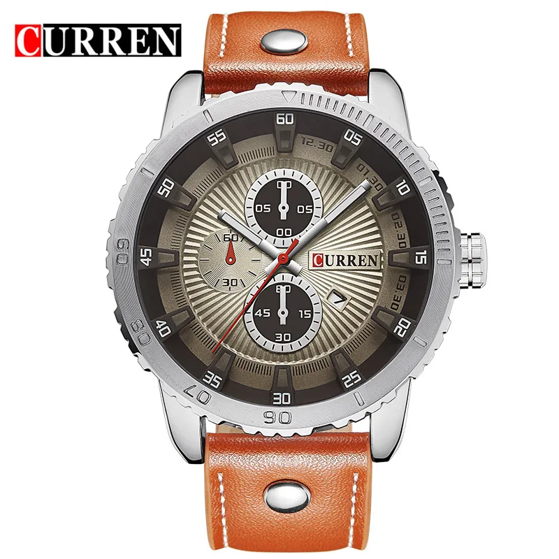 

Curren Orange Leather Calendar Display 3 Dial Decoration Military Waterproof Male Clock Quartz Mens Sport Watch Top Brand Luxury