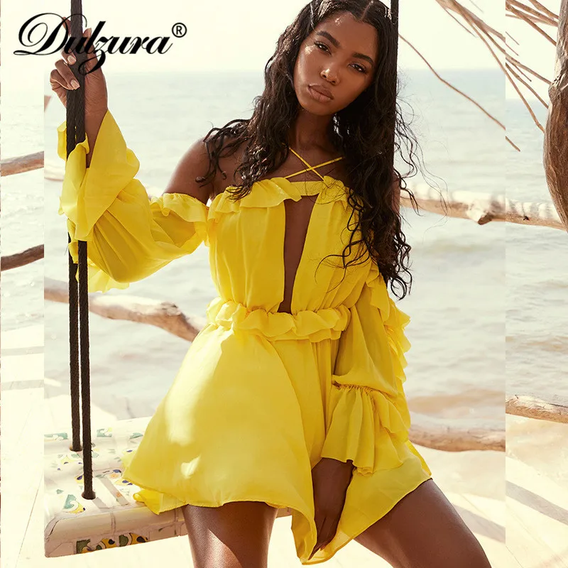 

Dulzura 2019 summer women dress Chiffon holiday party dress hollow out backless off shoulder elegant Ruffle streetwear sexy