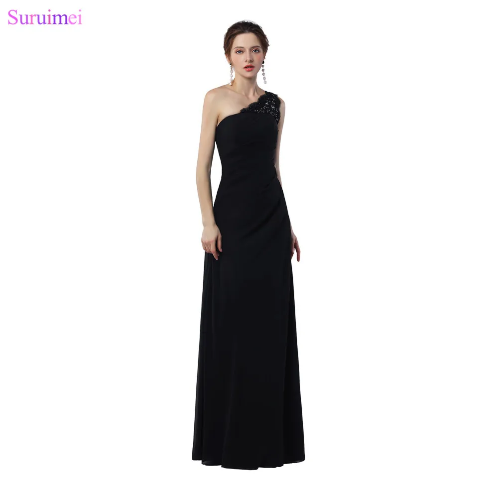 one shoulder black evening gown